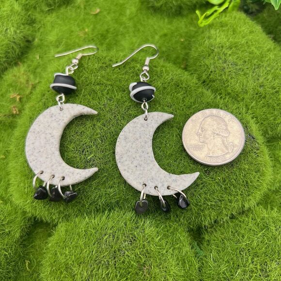 Crescent Moon Polymer Clay Hypoallergenic Silver Tone Handmade Dangle Earring - Picture 3 of 8